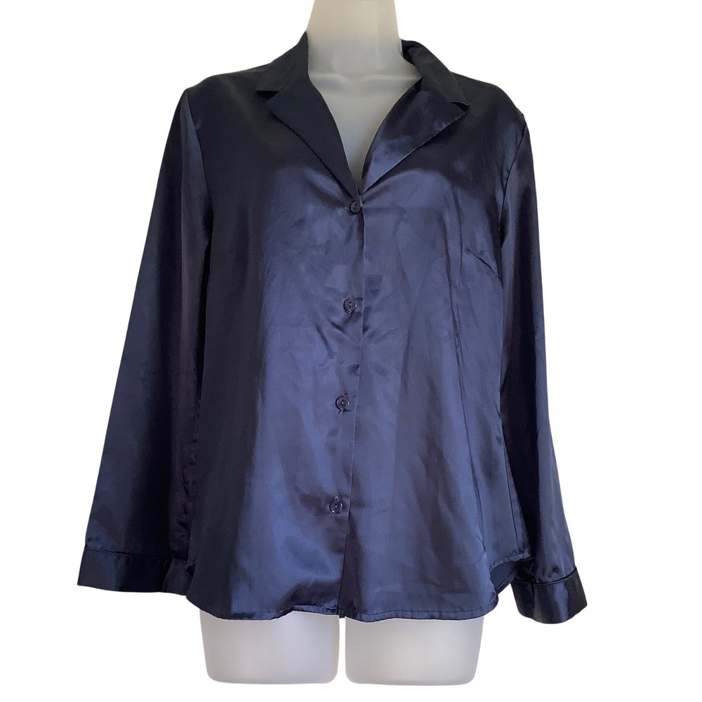Victoria's Secret Navy Blue Satin Pajama Top Long Sleeve Button Down Small